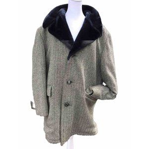 Vtg 60 70s Richman Bro Mens Rare Wool Faux Fur Herringbone Mod 44 XL Coat Jacket